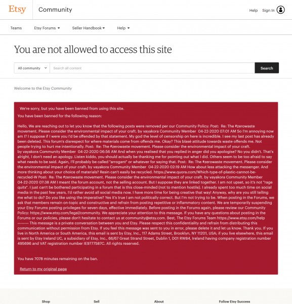 temporary Etsy community forum ban